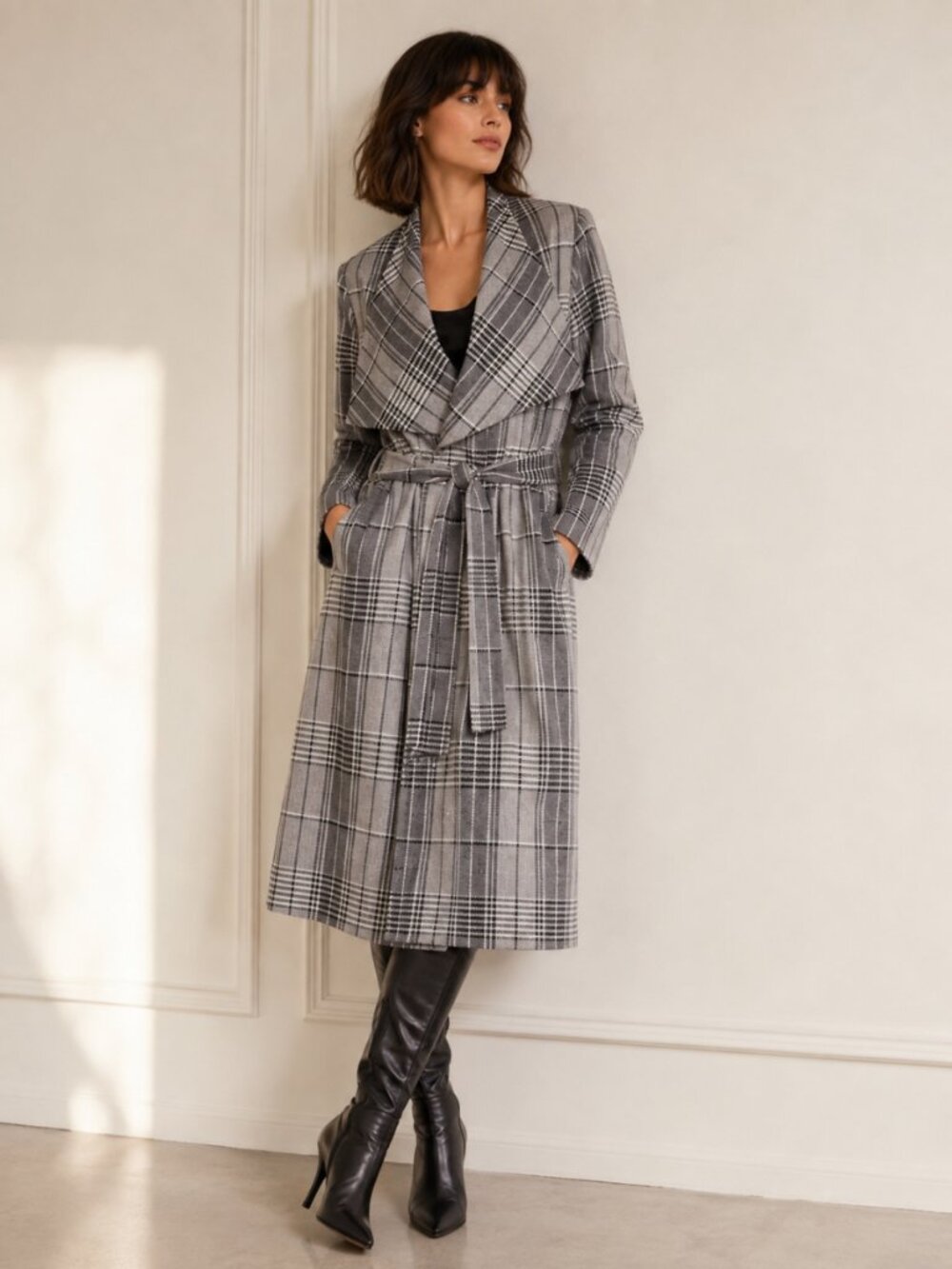 Alice & Olivia Ginny Plaid Wool Blend Wrap Trench Black Size L